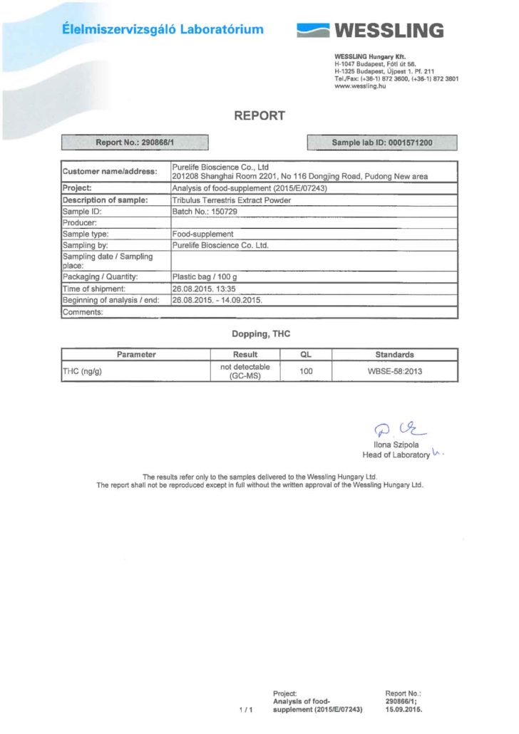 Tribulus Terrestris extract with THC free test report